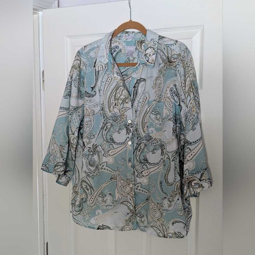 Chico's Linen Paisley Blouse, seafoam-ivory-taupe, Size 3.5 (18)